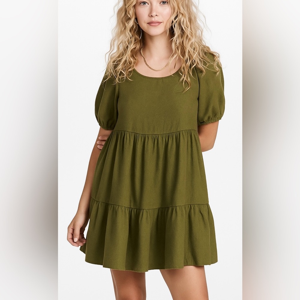 🌿 Madewell Olive Green Tiered Peasant Dress Boho Prairie‎ Cottagecore Size M
